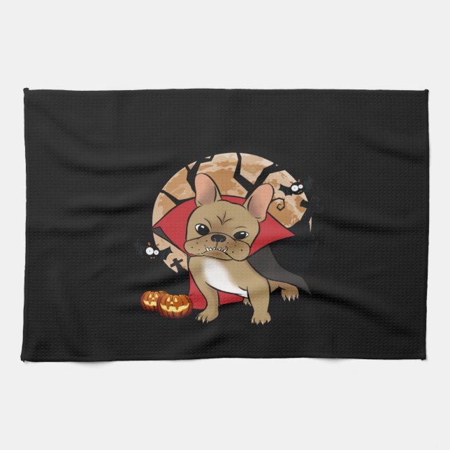 French Bulldog | Halloween Pumpkin Frenchie Witch Kitchen Towel (Horizontal)
