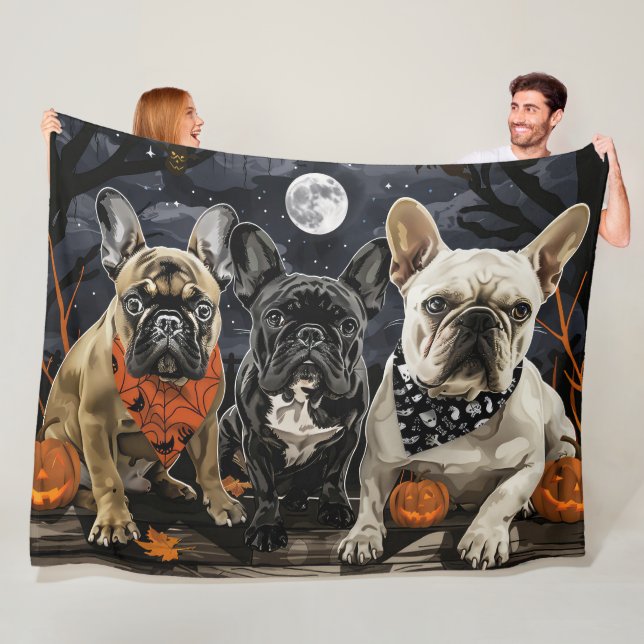 French Bulldog Halloween Spooky Fleece Blanket (In Situ)