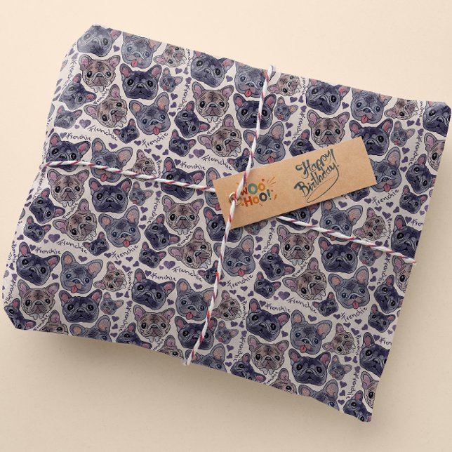 French Bulldog Hand-Drawn Cartoon Head  Wrapping Paper (Creator Uploaded)