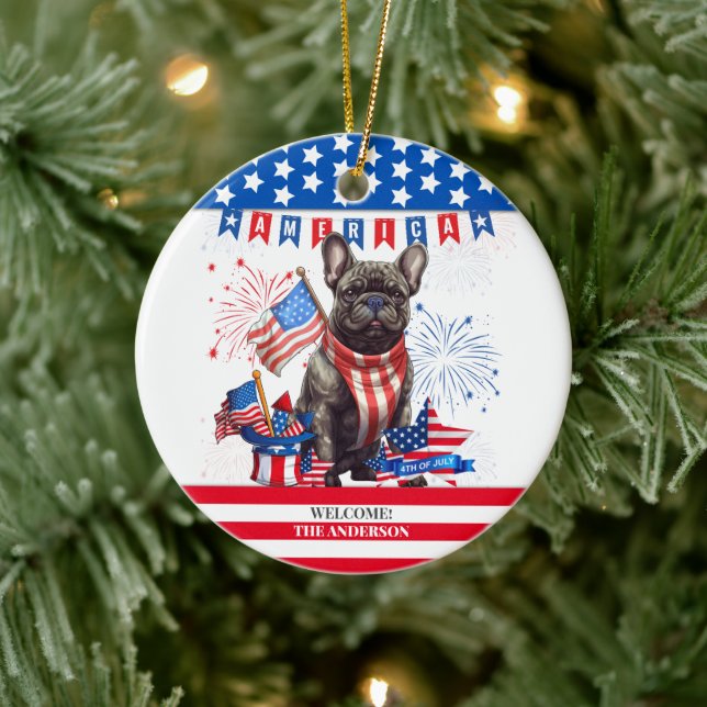 French Bulldog Happy 4Th Of July America Patriotic Ceramic Ornament (Tree)