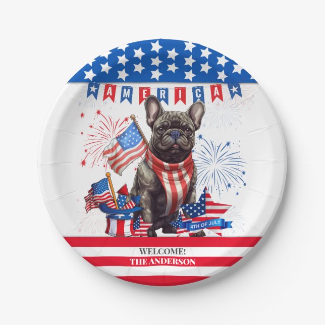French Bulldog Happy 4Th Of July America Patriotic Paper Plates (Front)
