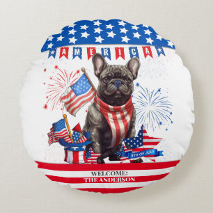 French Bulldog Happy 4Th Of July America Patriotic Round Pillow