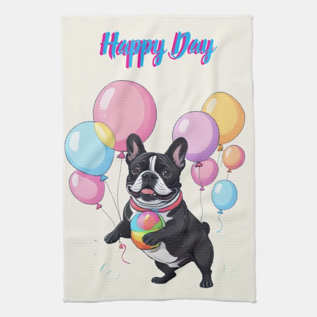 French Bulldog Happy Day Französische Bulldogge  Kitchen Towel (Vertical)