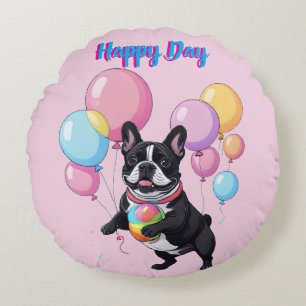French Bulldog Happy Day Französische Bulldogge Round Pillow