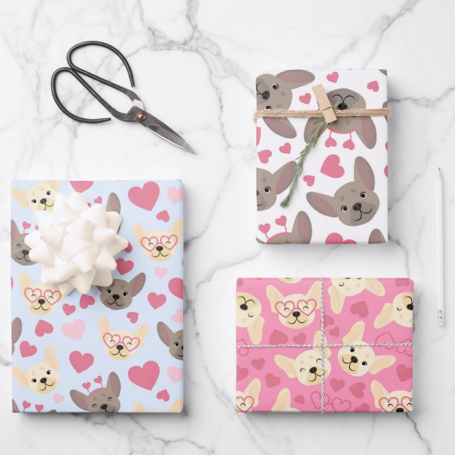 French Bulldog Heart Seamless Pattern Wrapping Paper Sheets (Front)