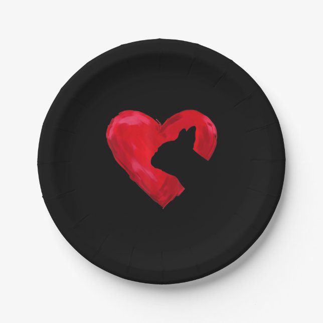 French Bulldog Heart Silhouette Valentines Day Dog Paper Plates (Front)