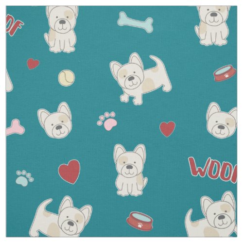 French bulldog hearts pawprint dog lover turquoise fabric