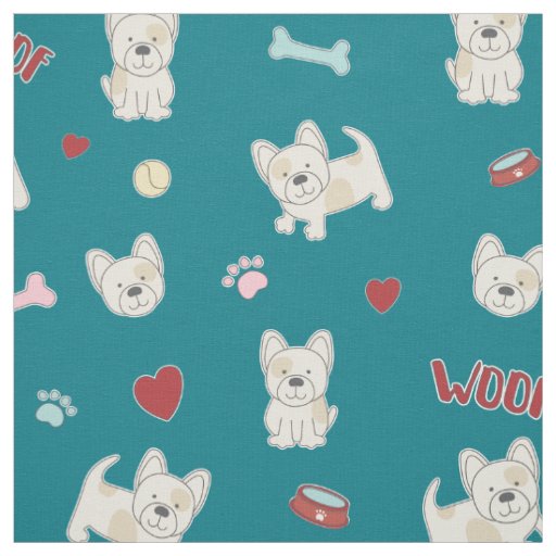 French bulldog hearts pawprint dog lover turquoise fabric