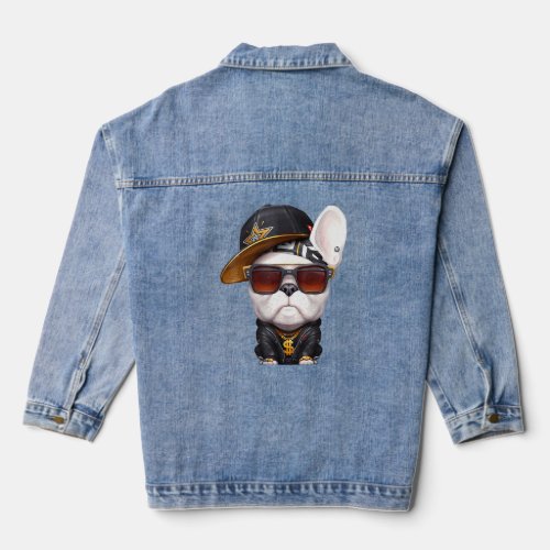 French Bulldog Hip Hop Super Star With Hat And Sun Denim Jacket