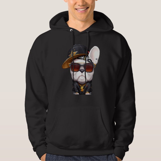 French Bulldog Hip Hop Super Star With Hat And Sun Hoodie (Front)
