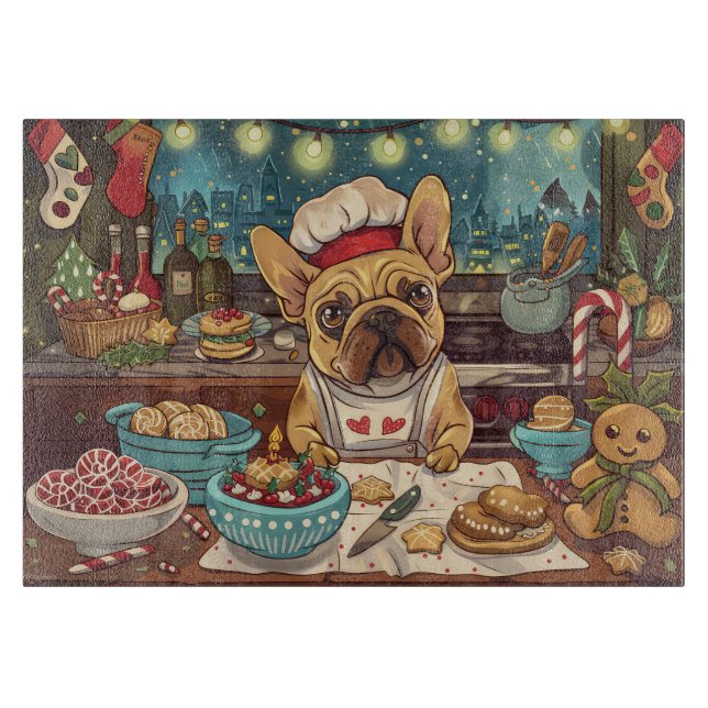French Bulldog Holiday Baking: Festive Christmas Cutting Board (Front)
