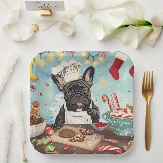 French Bulldog Holiday Baking: Festive Christmas Paper Plates (Wedding)