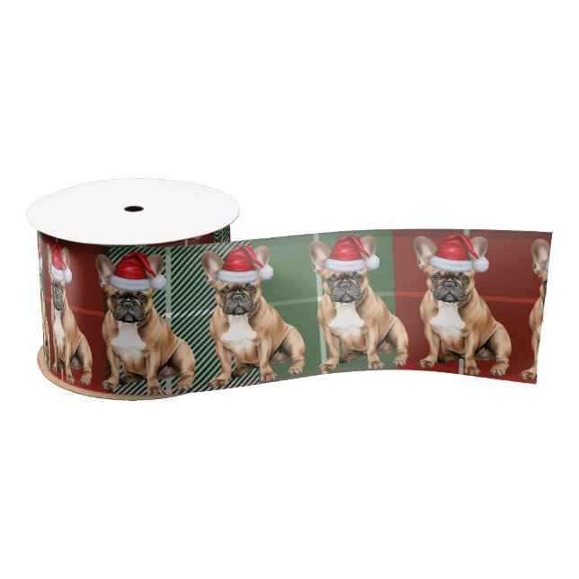 French Bulldog Holiday Plaid Funny Dog Christmas Satin Ribbon (Spool)