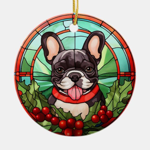 French Bulldog Holly Berry Wreath Christmas Ceramic Ornament