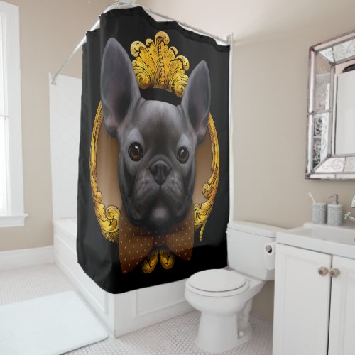 French bulldog illustration blue shower curtain