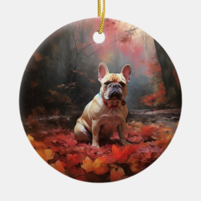 French Bulldog  in Autumn Leaves Fall Inspire  Ceramic Ornament (Front)