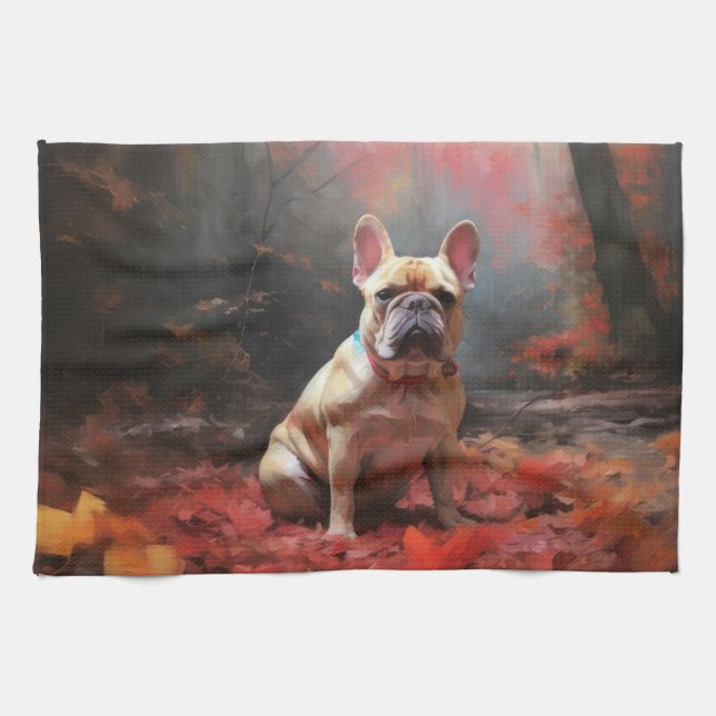French Bulldog  in Autumn Leaves Fall Inspire  Kitchen Towel (Horizontal)