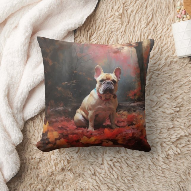 French Bulldog  in Autumn Leaves Fall Inspire  Throw Pillow (Blanket)