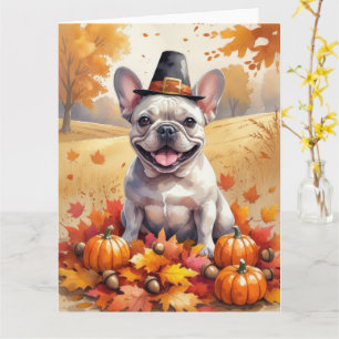 French Bulldog In Autumn Leaves Thanksgiving Art Card
