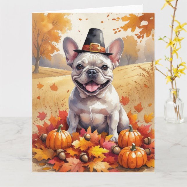 French Bulldog In Autumn Leaves Thanksgiving Art  Card (Yellow Flower)