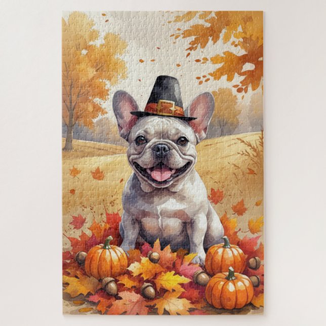 French Bulldog In Autumn Leaves Thanksgiving Art  Jigsaw Puzzle (Vertical)