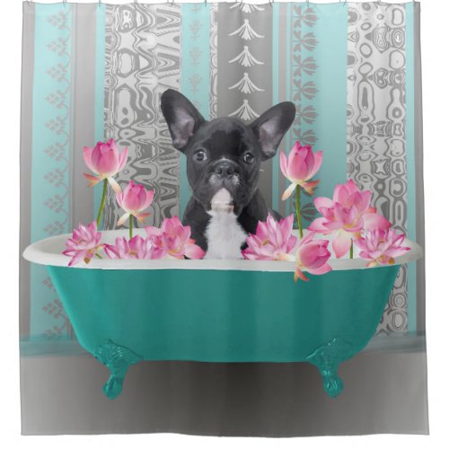 French bulldog in bath Lotus Flowers Shower Curtain