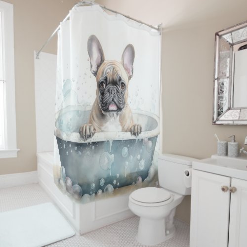 French Bulldog In Bathtub Watercolor Dog Art Shower Curtain