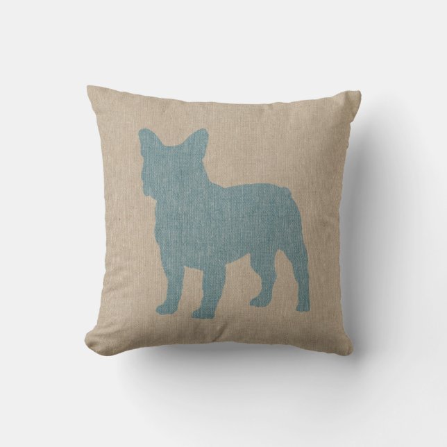 French Bulldog in Blue on Linen Look Throw Pillow (Front)