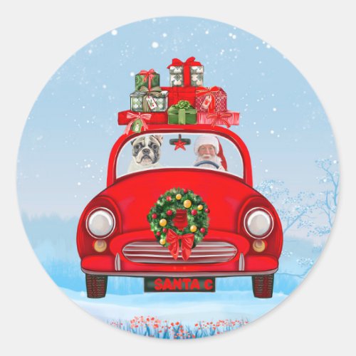 French Bulldog In Car With Santa Claus Classic Round Sticker