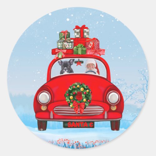 French Bulldog In Car With Santa Claus Classic Round Sticker