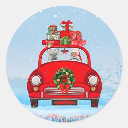 French Bulldog In Car With Santa Claus  Classic Round Sticker