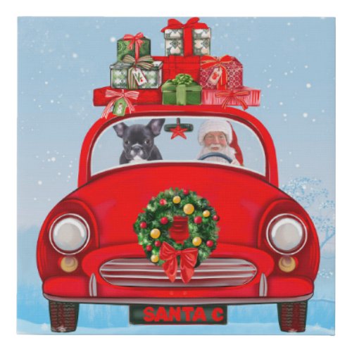 French Bulldog In Car With Santa Claus  Faux Canvas Print