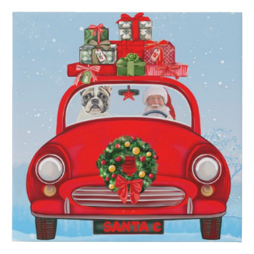 French Bulldog In Car With Santa Claus  Faux Canvas Print