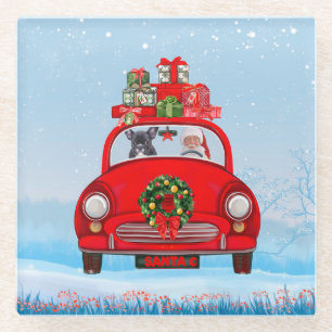 French Bulldog In Car With Santa Claus Glass Coaster