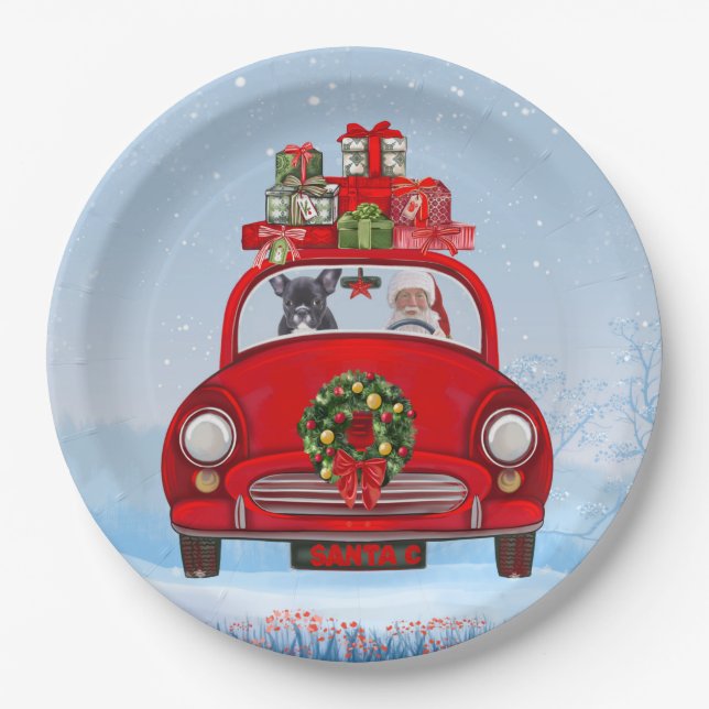 French Bulldog In Car With Santa Claus Paper Plates (Front)