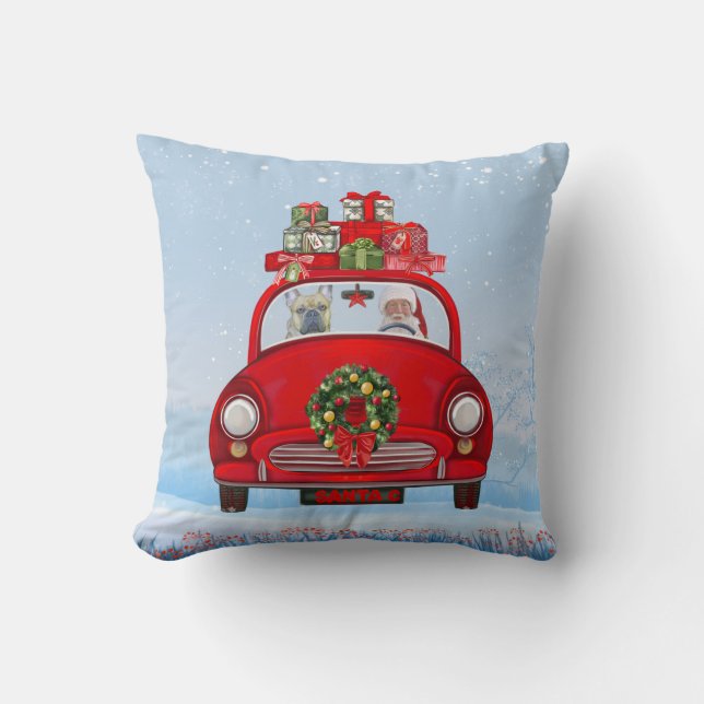 French Bulldog In Car With Santa Claus Throw Pillow (Front)
