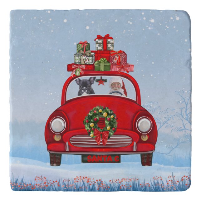French Bulldog In Car With Santa Claus  Trivet (Front)
