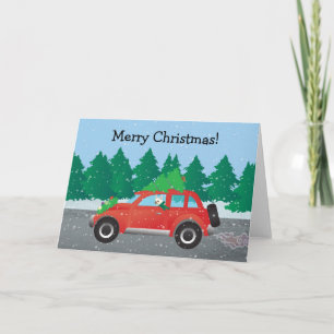 French Bulldog in Christmas Car with tree on top Holiday Card