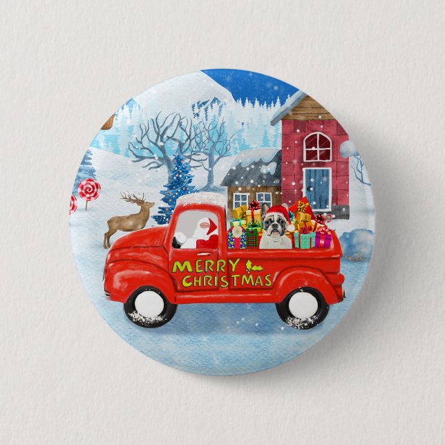 French Bulldog in Christmas Delivery Truck Snow  Button (Front)