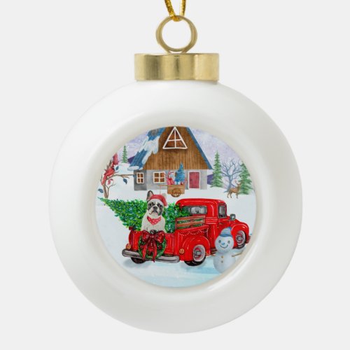 French Bulldog In Christmas Delivery Truck Snow Ceramic Ball Christmas Ornament