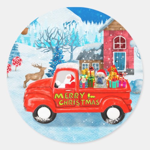 French Bulldog in Christmas Delivery Truck Snow  Classic Round Sticker