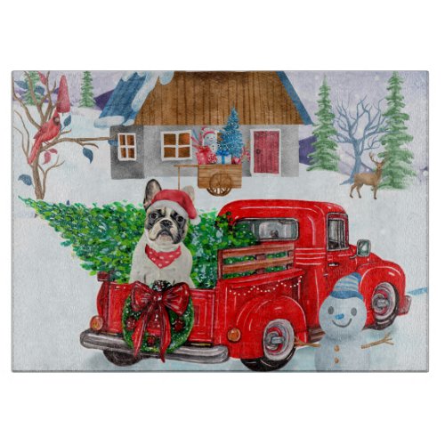 French Bulldog In Christmas Delivery Truck Snow  Cutting Board