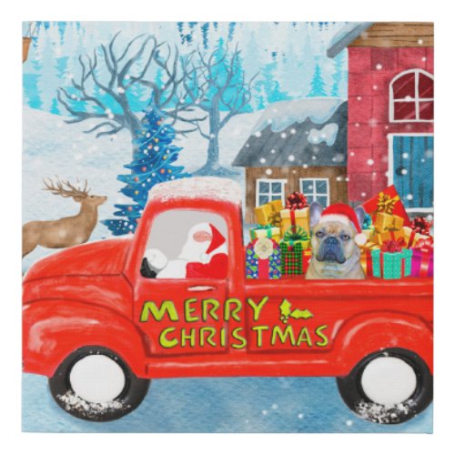 French Bulldog in Christmas Delivery Truck Snow  Faux Canvas Print