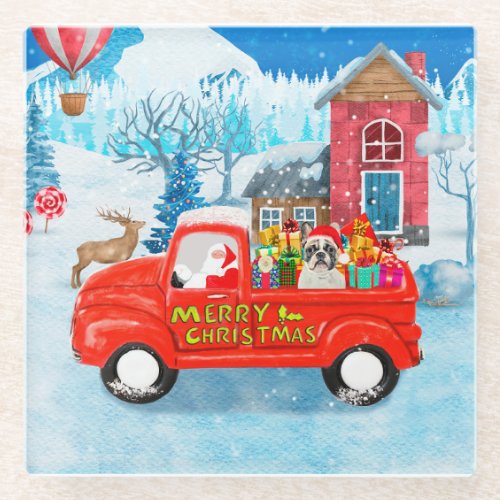 French Bulldog in Christmas Delivery Truck Snow Glass Coaster