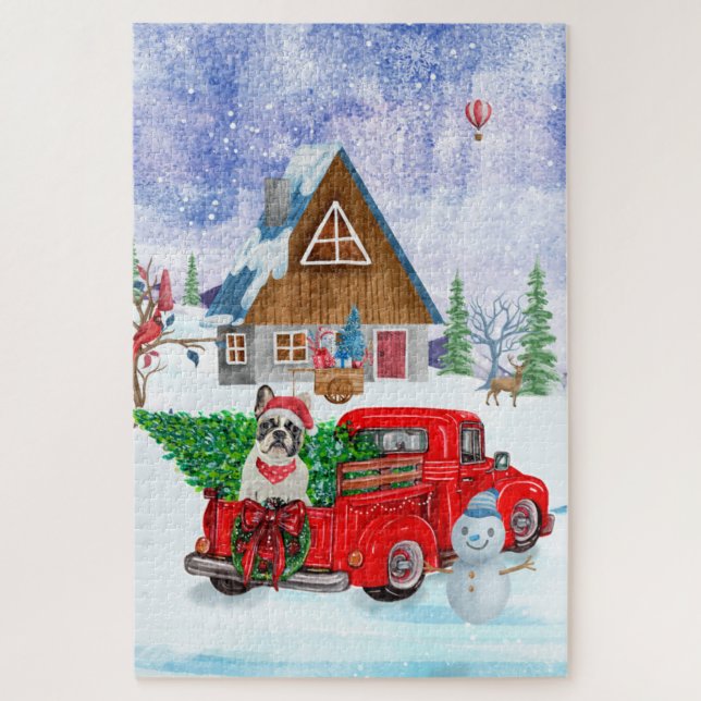 French Bulldog In Christmas Delivery Truck Snow Jigsaw Puzzle (Vertical)