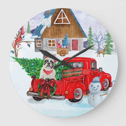 French Bulldog In Christmas Delivery Truck Snow  Large Clock