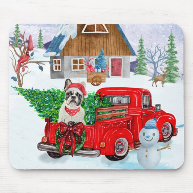 French Bulldog In Christmas Delivery Truck Snow Mouse Pad (Front)
