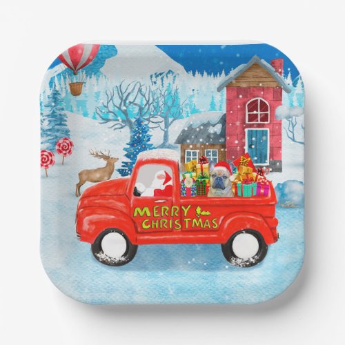 French Bulldog in Christmas Delivery Truck Snow  Paper Plates