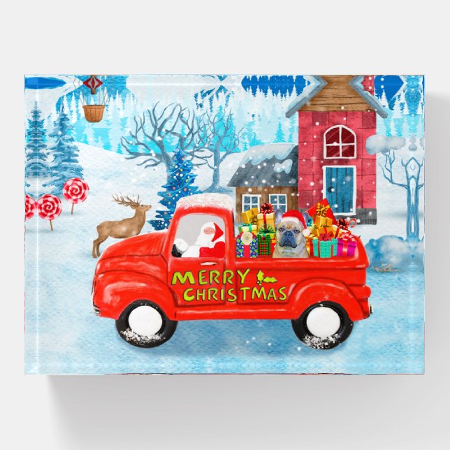 French Bulldog in Christmas Delivery Truck Snow  Paperweight (Front)