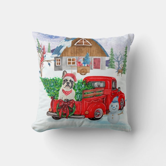 French Bulldog In Christmas Delivery Truck Snow Throw Pillow (Front)